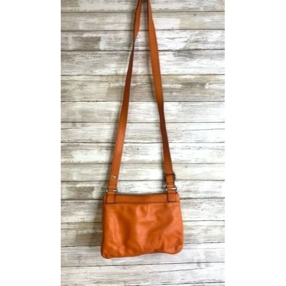 Orange Fossil Leather Crossbody Bag with‎ Front Turn Lock Pocket